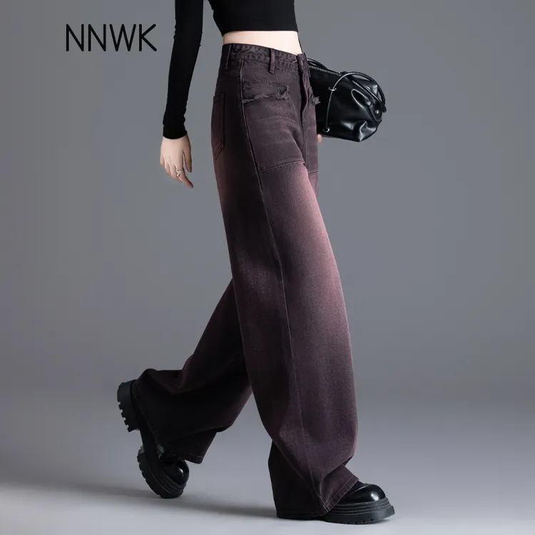 黑红色复古阔腿裤春秋季美式休闲牛仔裤女款爆款2025新款直筒长裤