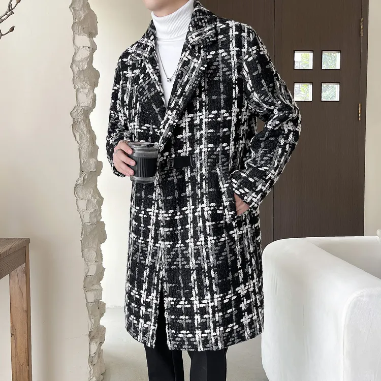 高级感小香风格子毛呢大衣男款秋冬季中长款潮牌加厚呢子风衣外套