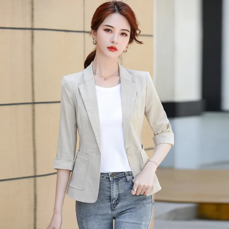 小西装外套女夏季薄款小个子2025新款修身短款亚麻七分袖休闲西服