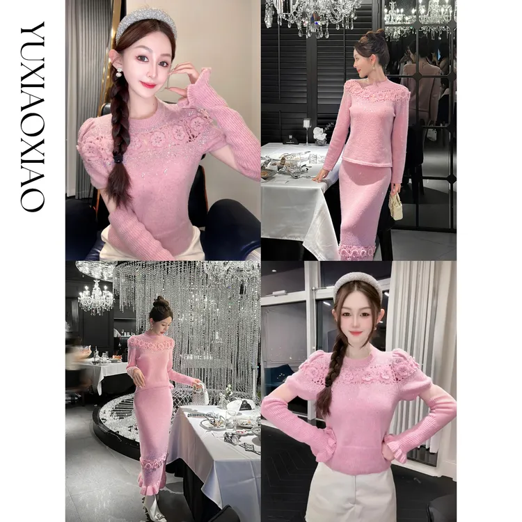 余潇潇【唯美梦境】绵羊毛手工镂空钩花烫钻短袖羊毛衫&长袖款&半裙