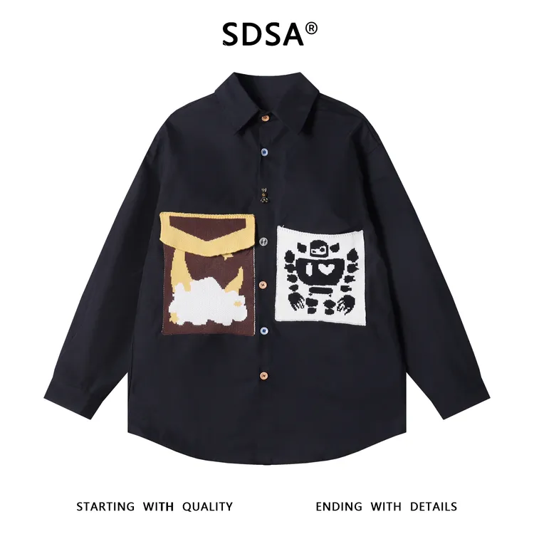 SDSA秋冬新款痞帅男装韩版简约拼接只针织口袋翻领长袖衬衫百搭