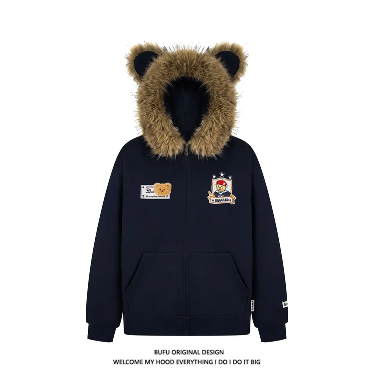 【官方店】亿万少年BUFU小熊毛领开衫外套男女情侣款学院风连帽卫衣