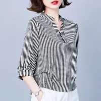 条纹雪纺衫女七分袖2025年新款夏装宽松V领收腰上衣气质中袖衬衫