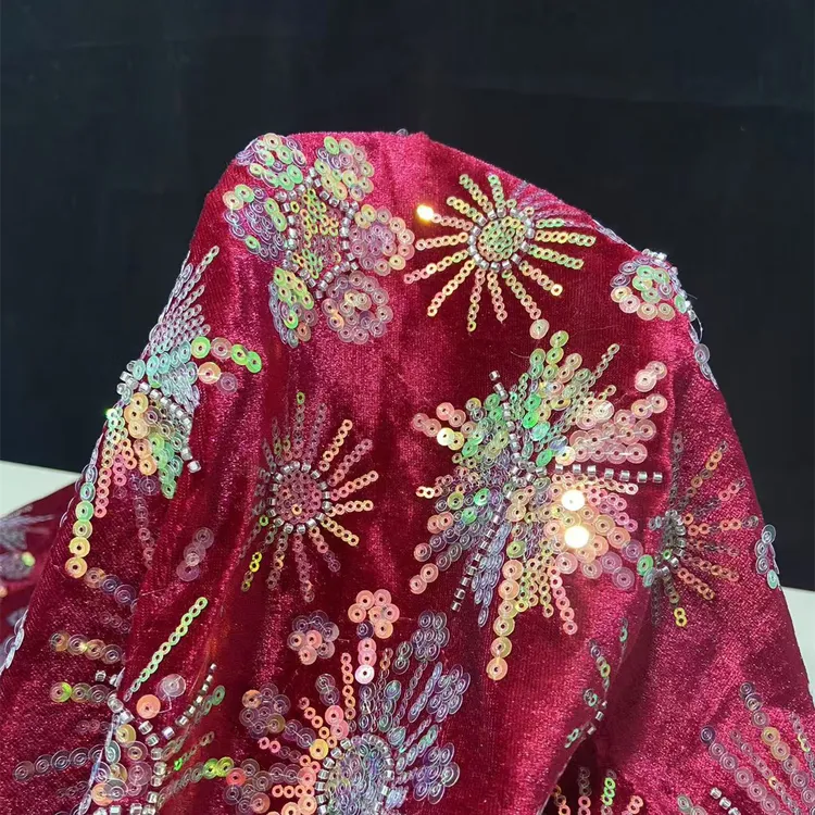 【1米】重工高奢珠管绣花金丝绒亮片刺绣布料礼服面料新疆舞马甲布