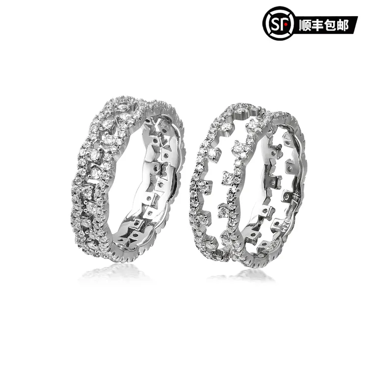 WIC 925银莫桑石戒指 双层蕾丝合二为一通体S925银莫桑钻戒指