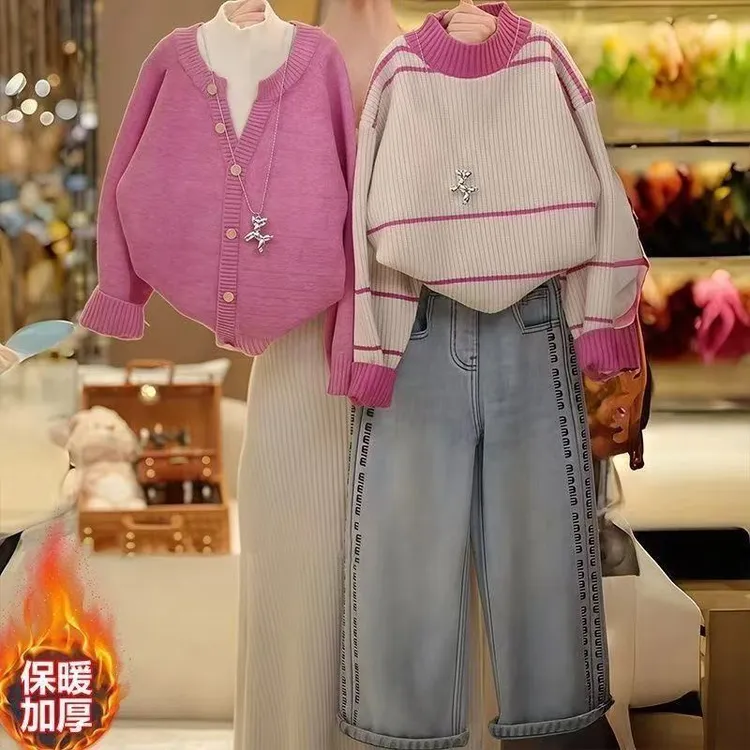 女童冬季毛衣套装2025新款儿童洋气针织衫时尚加绒牛仔裤两件套潮