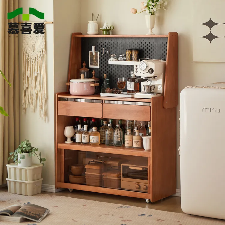 实木樱桃木色可移动餐边柜带轮沙发边柜一体储物柜酒柜咖啡茶水柜
