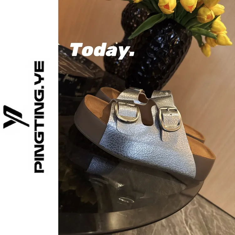 PINGTING.YE时髦休闲方扣厚底增高松糕底外穿勃肯拖鞋
