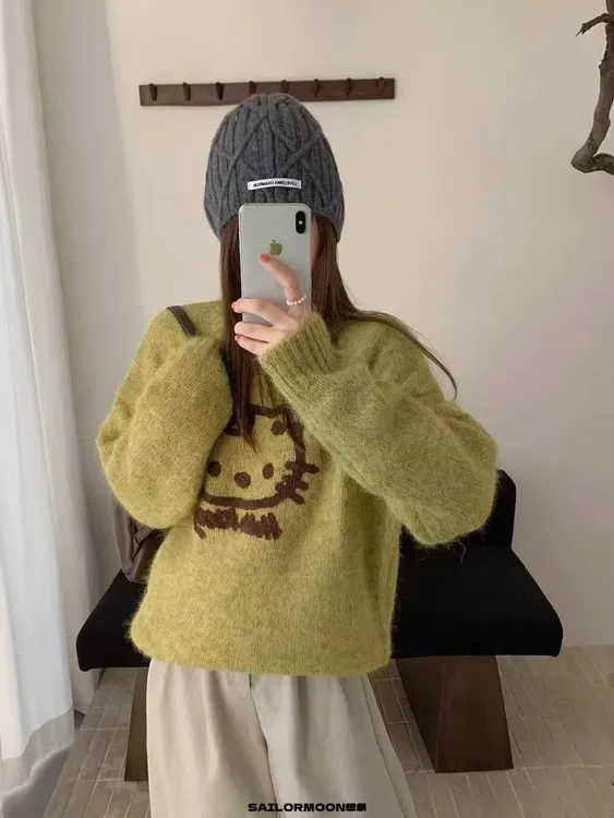 韩系kt猫圆领宽松时尚毛衣女2025秋冬新款显瘦百搭设计感针织衫潮