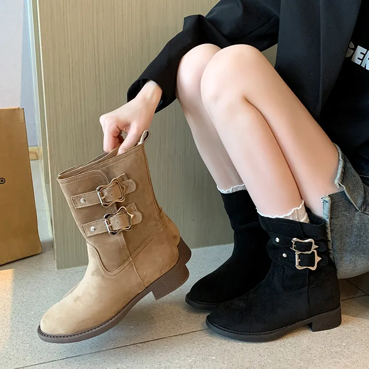 【诺一家加宽加肥大码女鞋】胖妹妹马丁靴绒面短靴粗腿大筒围西部靴