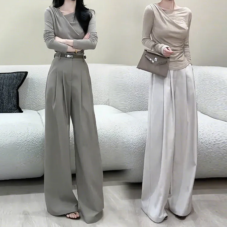 高级感时尚套装早秋穿搭一整套女不规则长袖T恤上衣阔腿裤两件套