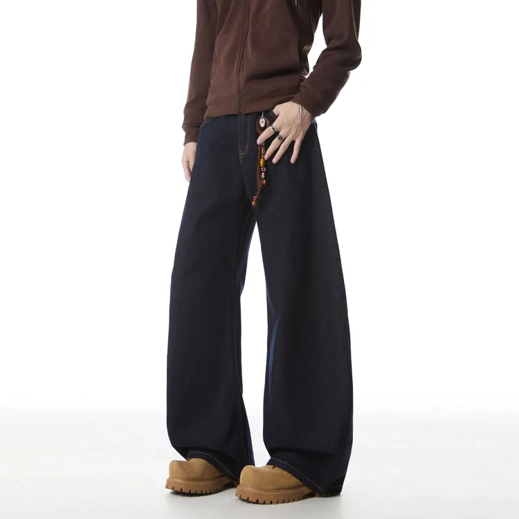丹宁原牛弯刀裤美式风阔腿裤牛仔长裤复古韩系男女同款（不掉色）