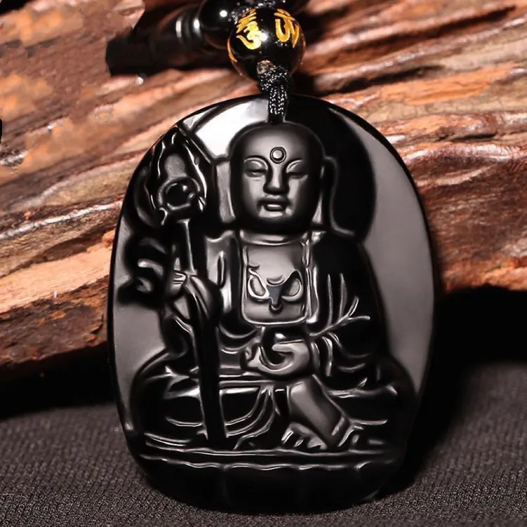 天然黑曜石地藏王菩萨吊坠男女款本命年护身符项链情侣毛衣链