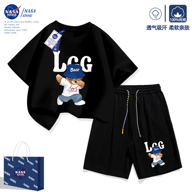 NASA男童夏装套装2026新款小熊短袖t恤纯棉夏季男孩运动服上衣服
