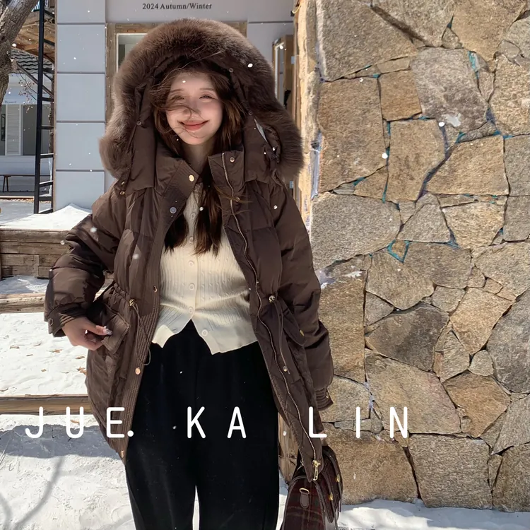 9817韩系简约连帽收腰大口袋设计狐狸毛领短款羽绒服保暖加厚冬季