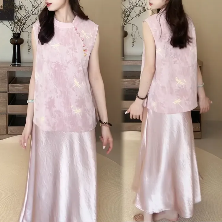 新中式国风女式夏新款粉色盘扣上衣高级高腰半身裙套装时尚高级感