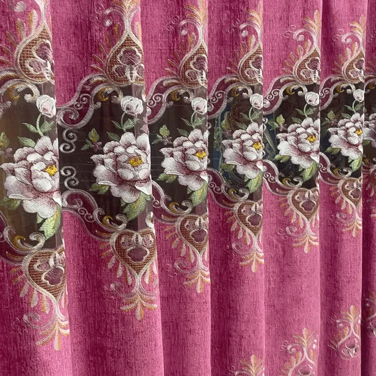 新款亮面紫色牡丹雪尼尔绣花新房婚房窗帘