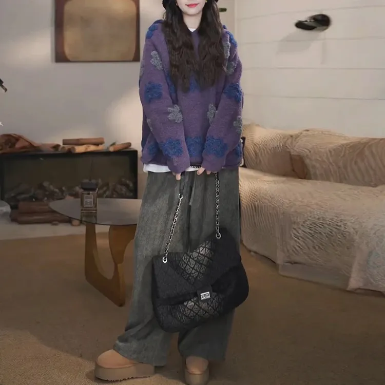 早秋穿搭一整套时尚气质高级感花朵毛衣搭配休闲裤慵懒风显瘦套装