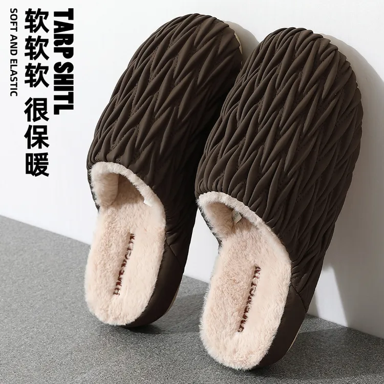 美拉德褶皱PU皮棉拖鞋男女款秋冬季居家软底静音防滑情侣包头拖