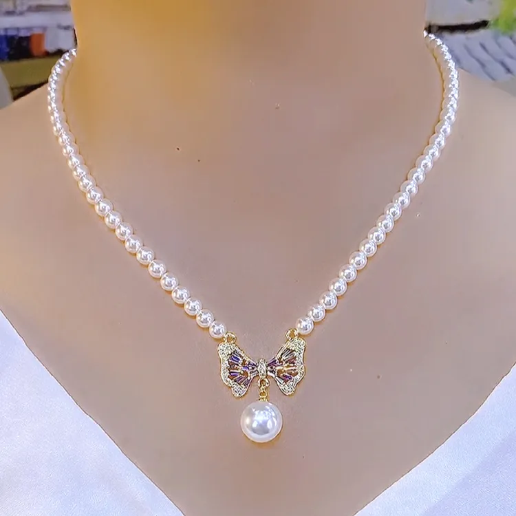 铁合金仿珍珠项链 轻奢气质法式简约优雅时尚蝴蝶结珠珠项链