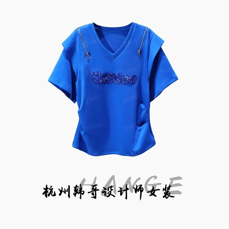 【韩哥女装】2025欧版《古拙》景泰蓝钉珠压褶V领高克重短袖9791-C2