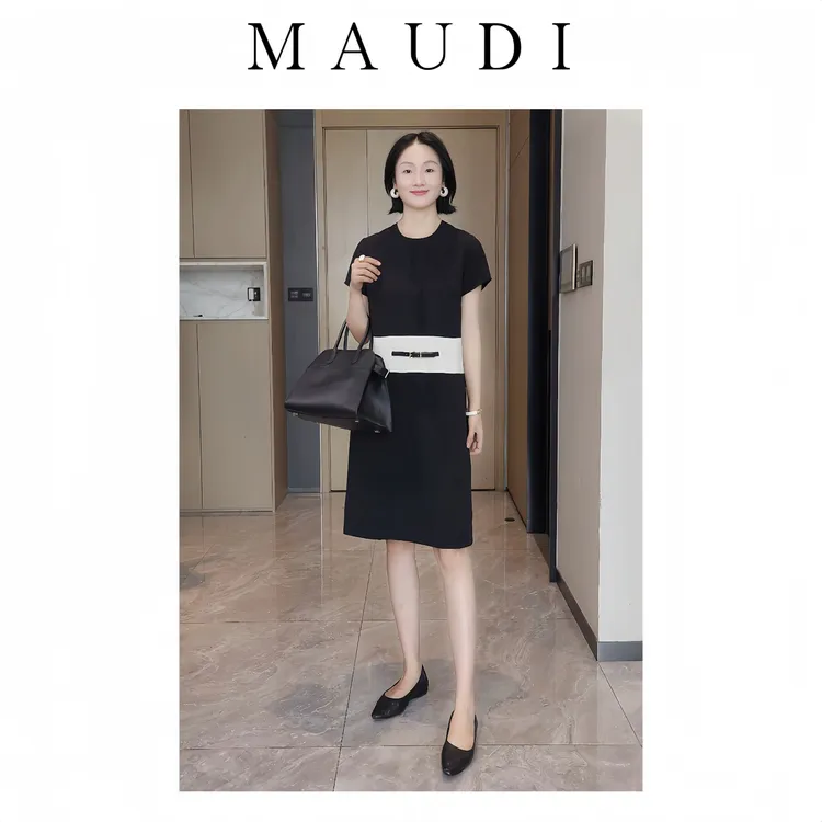 MAUDI大英博物馆夏季新款拼色精致优雅知性短袖连衣裙女显瘦8412