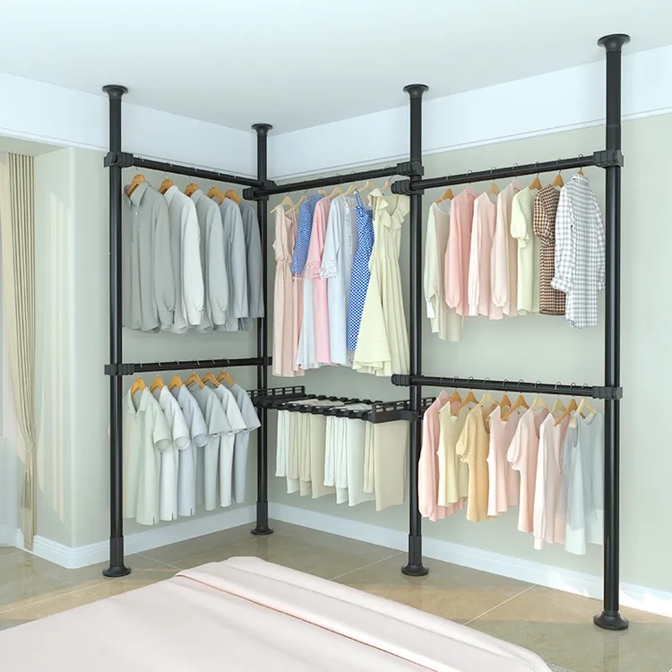 顶天立地置衣架挂晾衣架开放式衣帽间撑杆组装简易顶天立地式衣柜