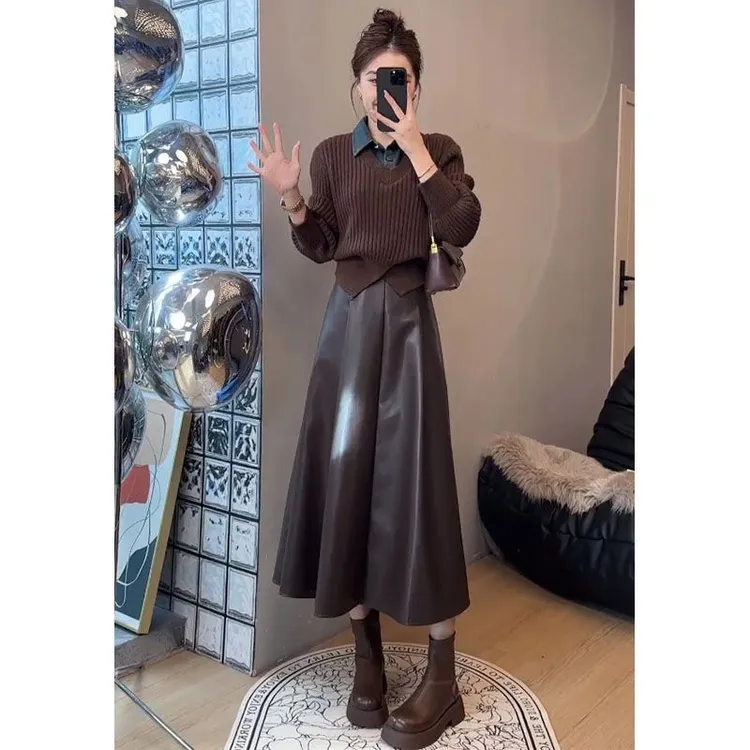 秋冬美拉德穿搭一整套2026新款美式复古假两件上衣半身裙两件套潮