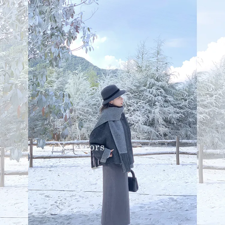 不出错No errors 双面双色真丝羊毛带围巾双面呢大衣B625Z17676