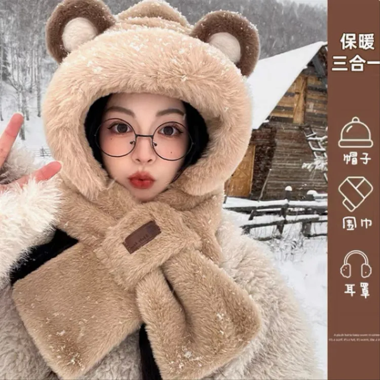 女生围巾帽子一体秋冬季保暖加厚仿兔毛毛绒可爱护耳防寒保暖帽子