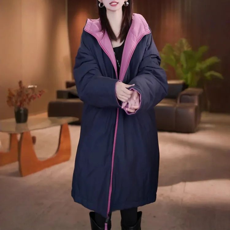 时尚百搭宽松显瘦中长款棉衣外套秋冬新款加厚保暖双面穿连帽棉服