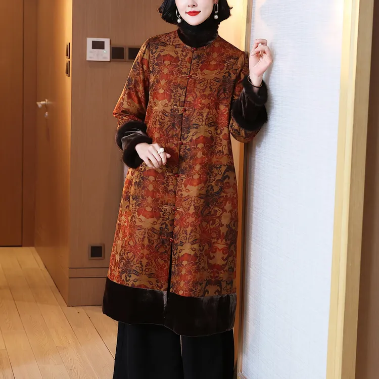 洛玺曼桑蚕丝香云纱女士棉服高端新中式女装冬季中长款妈妈厚外套