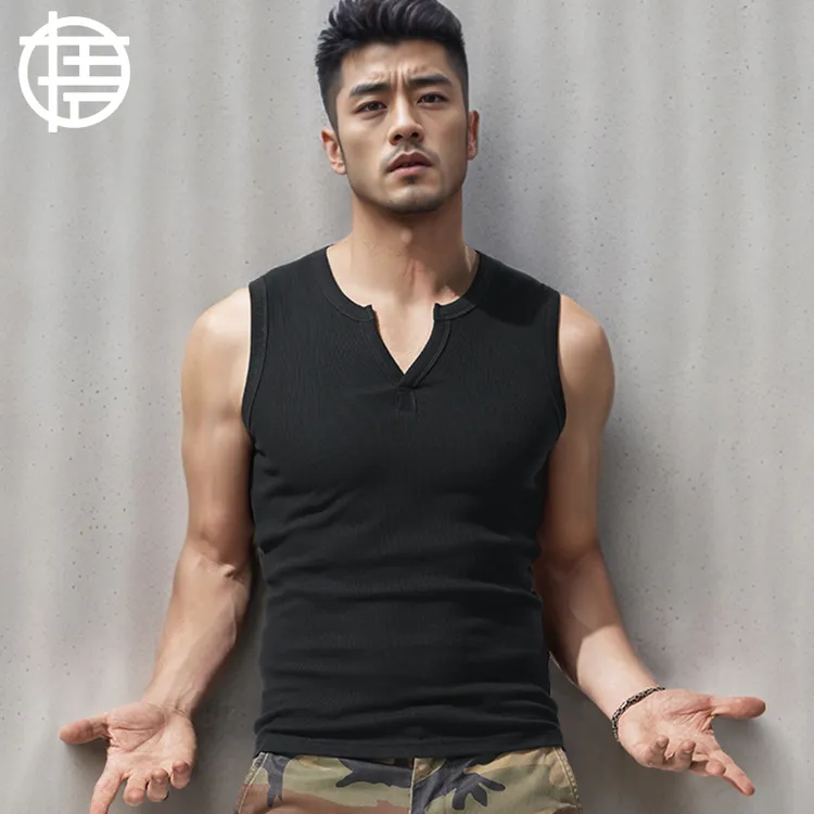 粗螺纹无袖T恤男纯色棉V领弹力运动健身宽肩背心砍袖修身紧身夏季