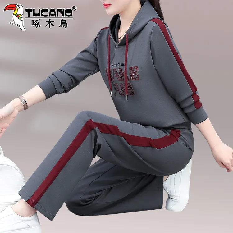 啄木鸟休闲大码运动套装女春秋新款时尚洋气宽松连帽卫衣两件套装