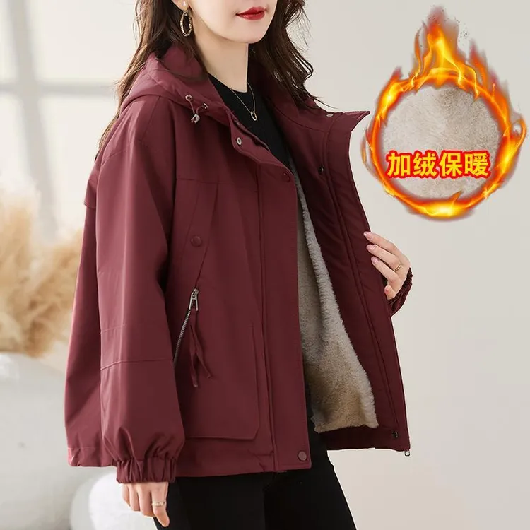 加绒加厚短款派克服棉服女2025秋冬季新款宽松连帽休闲工作服棉衣