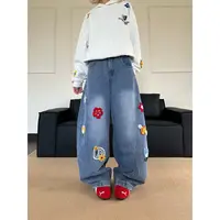 美式复古花卉刺绣弯刀牛仔裤男女宽松休闲百搭阔腿拖地长裤
