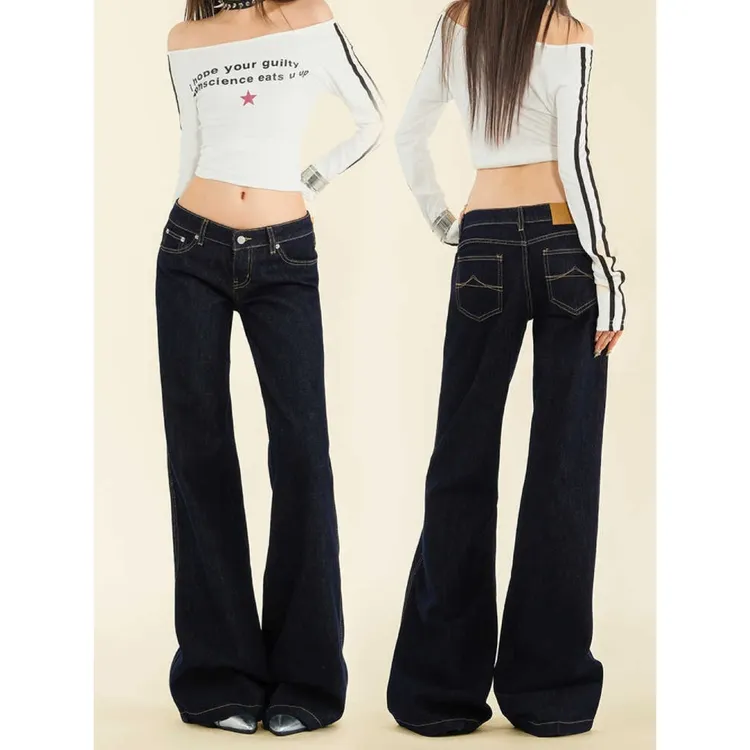 美式复古深蓝原色微喇牛仔裤女2025新款低腰宽松显瘦不贴腿喇叭裤