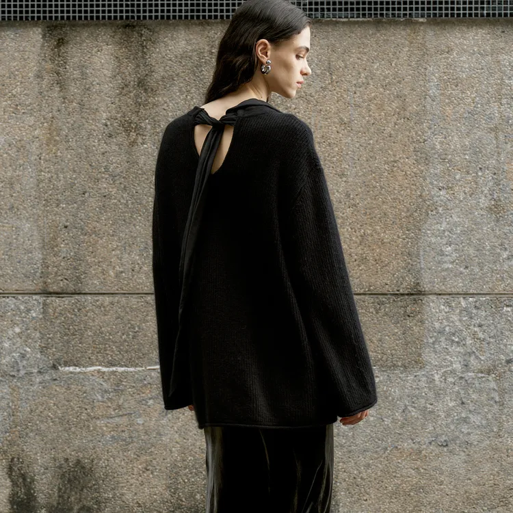 LYNEE【福禄刺绣飘带衫】新 绵羊毛混纺圆领针织套头衫LGD2FAK098