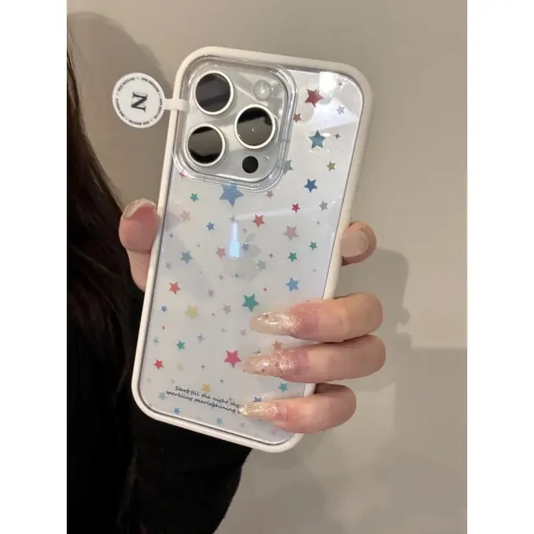 韩系简约满屏彩色星星白色边框适用iphone16promax苹果15手机壳14