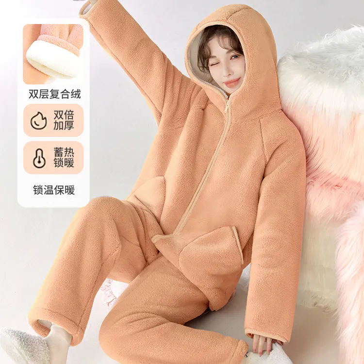 【巨保暖！双层复合绒】可外穿秋冬女士连帽保暖加绒加厚法兰绒睡衣