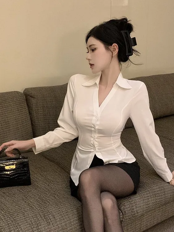 纯欲收腰长袖白衬衫制服套装女秋季性感修身衬衣OL气质职业工作服