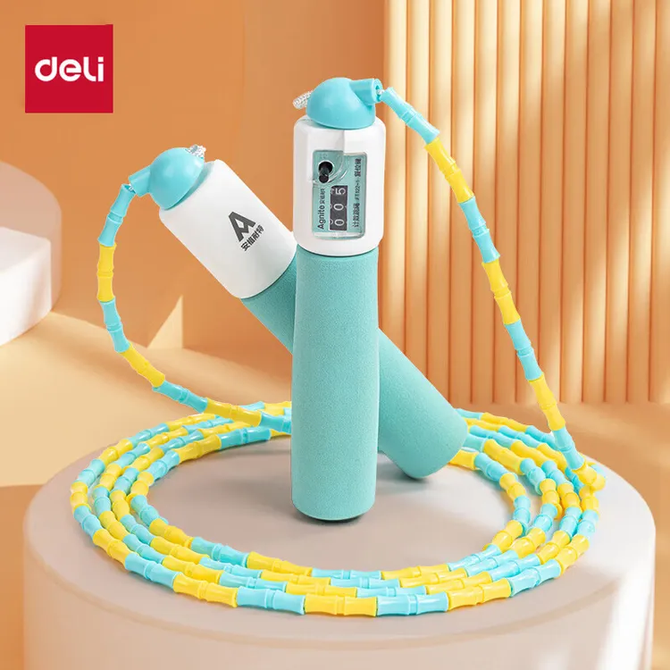 得力 机械计数竹节跳绳儿童泡棉手柄学生中考训练跳绳 蓝FT122-1