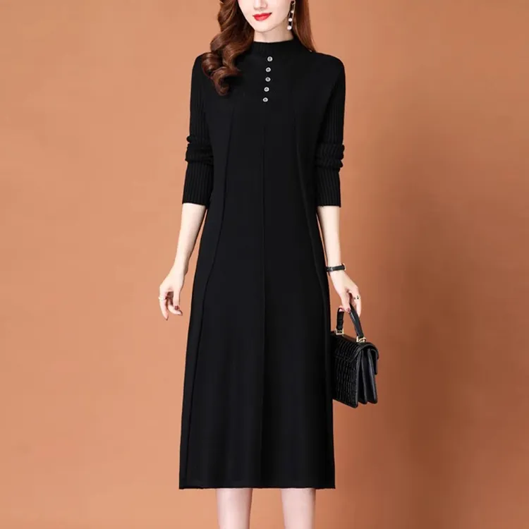 6210#冬装半高领纯色针织衫女长款过膝毛衣内搭宽松长袖连衣裙子