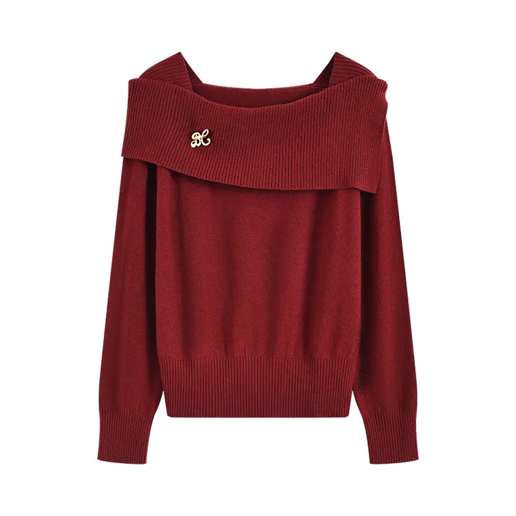 千韵伊然 高级感一字领长袖针织衫女轻熟风气质时尚羊毛衣1460