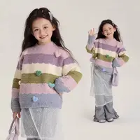 D001 女童儿童秋季加厚条纹洋气圆领套头针织衫毛衣甜美立体重工
