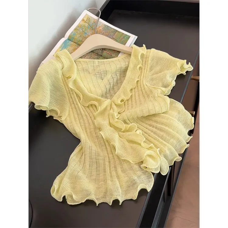 洋气减龄蓝色花边针织短袖t恤女夏季绝美短款轻奢高级感炸街上衣