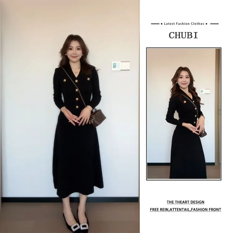 法式静奢风氛围感黑色针织连衣裙女2025秋季新款小香风气质长裙