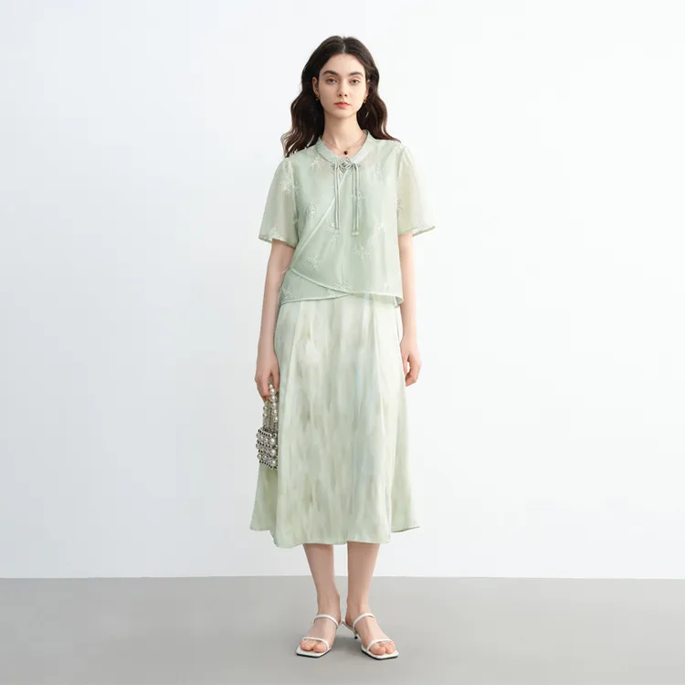 独束大码女装新中式时尚套装无袖连衣裙立领短袖上衣25DS82386