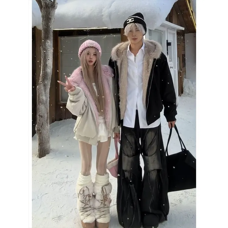 座山雕毛绒连帽棉服男女秋冬韩系ins慵懒风棉袄情侣厚棉衣外套