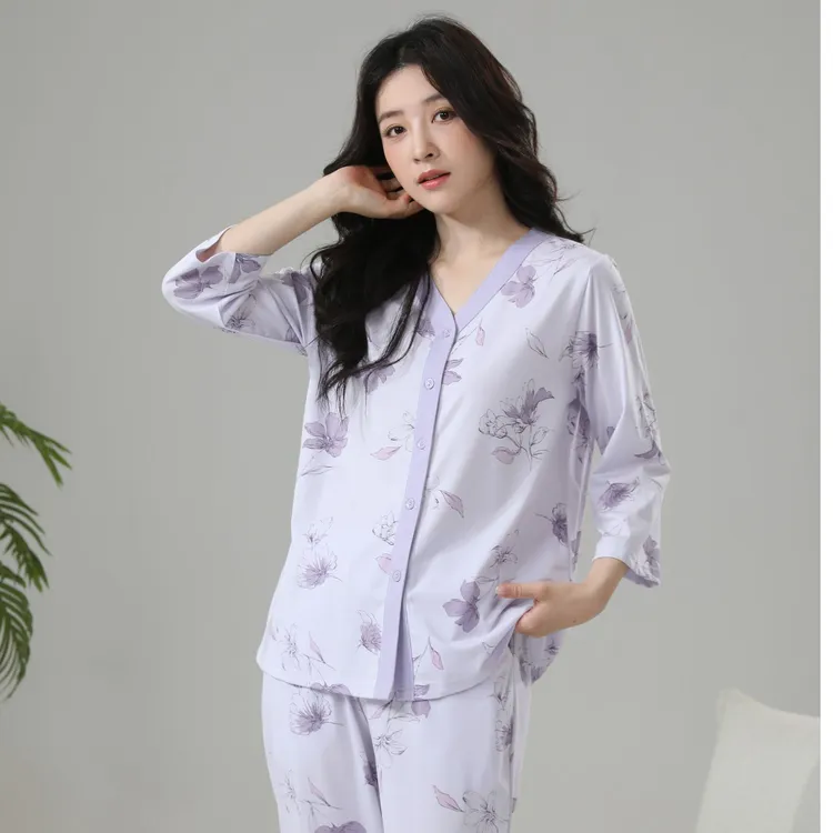 姬玛夏款薄款针织纯棉七分袖两件套印花女士家居服睡衣套装253359